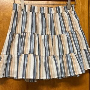 GILI Vertical Stripe Print Mini Skirt Blue Tan Beige New Sz Small Elastic waist